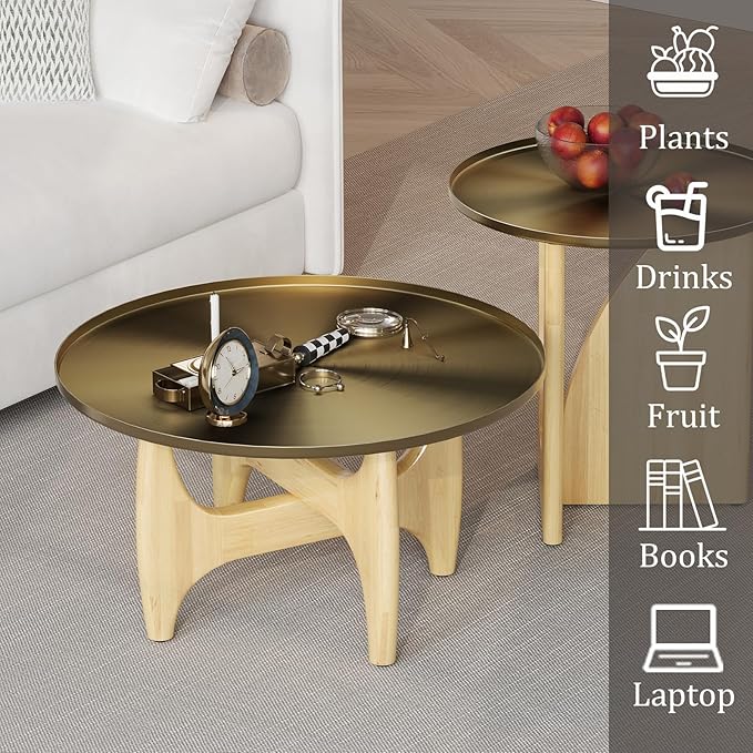 ACEDÉCOR 30“ Round Coffee Table, Brushed Gold Center Table with Low-Rim Edge Tray Top and Solid Wood X-Cross Base for Living Room Office Apartment