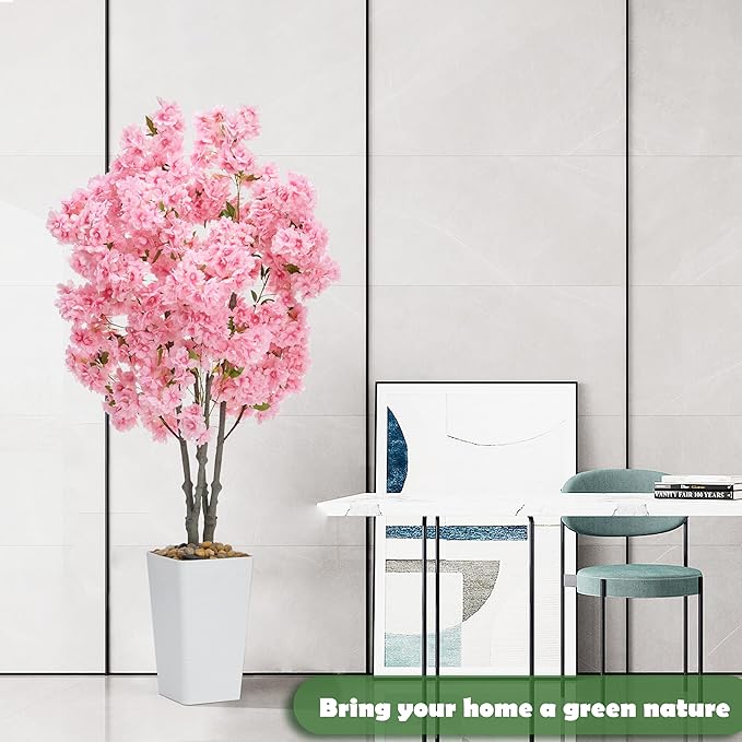 Artificial Cherry Blossom Tree 5FT Tall Pink Fake Sakura Flowers Tree, Fake Plants Indoor Decor for Spring Living Room Home House Entryway Bedroom Office Inside Wedding Party Valentine's Day