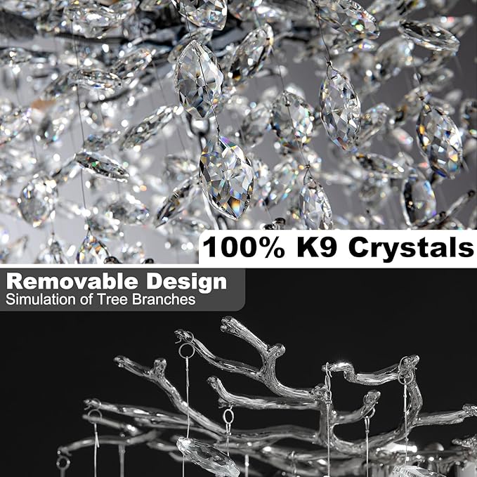 Modern Crystal Chandelier, 23.6" Silver Tree Branch Chandelier, 8-Lights Round Contemporary Luxury Raindrop K9 Crystal Pendant Light Fixture for Dining Room Living Room Foyer Entryway Bedroom Kitchen