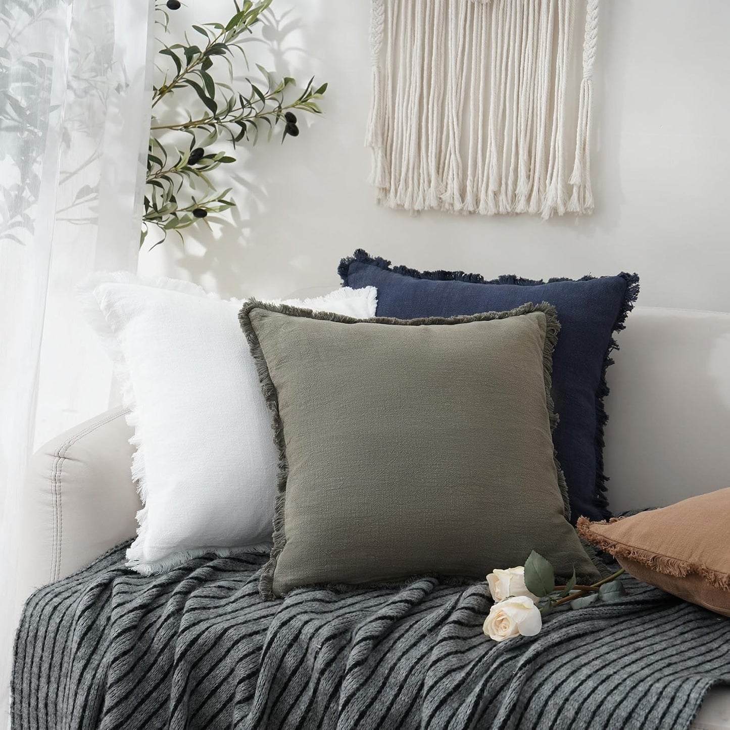 Foindtower Set of 2 Decorative Linen Fringe Throw Pillow Covers Cozy Boho Farmhouse Cushion Cover with Tassels Soft Accent Pillowcase for Couch Sofa Bed Living Room Home Decor,26×26 Inch,White