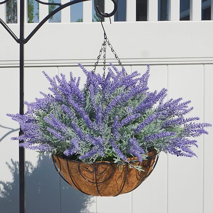 Artificial Hanging Flowers with Basket Fake Fall Lavender for Outdoor Decor, 12 Bundles Faux Purple Outside Decoration Realistic UV Resistant Plants for Porch Balcony Patio Garden Yard