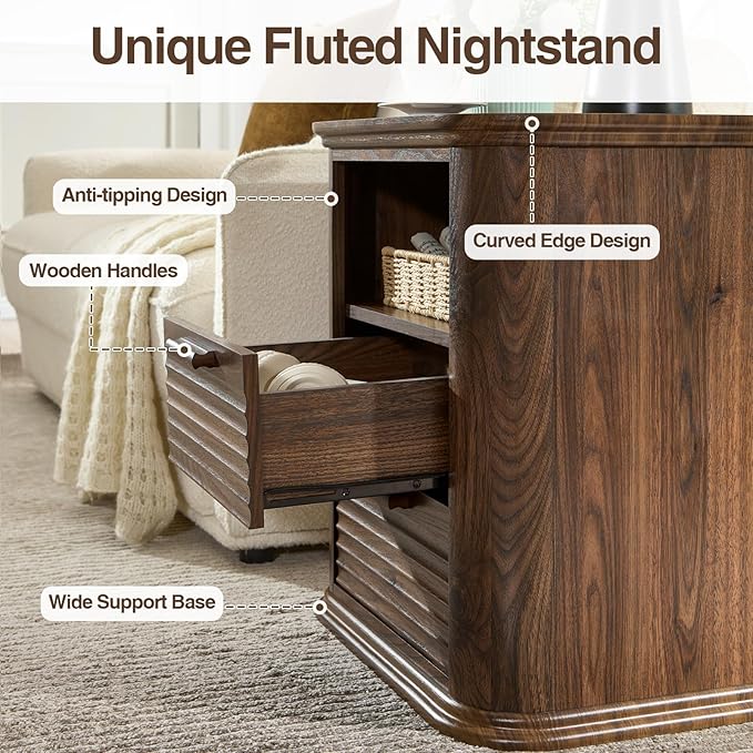 Okvnbjk 22" Fluted Nightstand Set of 2 with Charging Station, Modern End Table with 2 Drawers & Open Storage, Bedside Table for Living Room, Bedroom, Side Tables Curved Profile Design, Dark Walnut