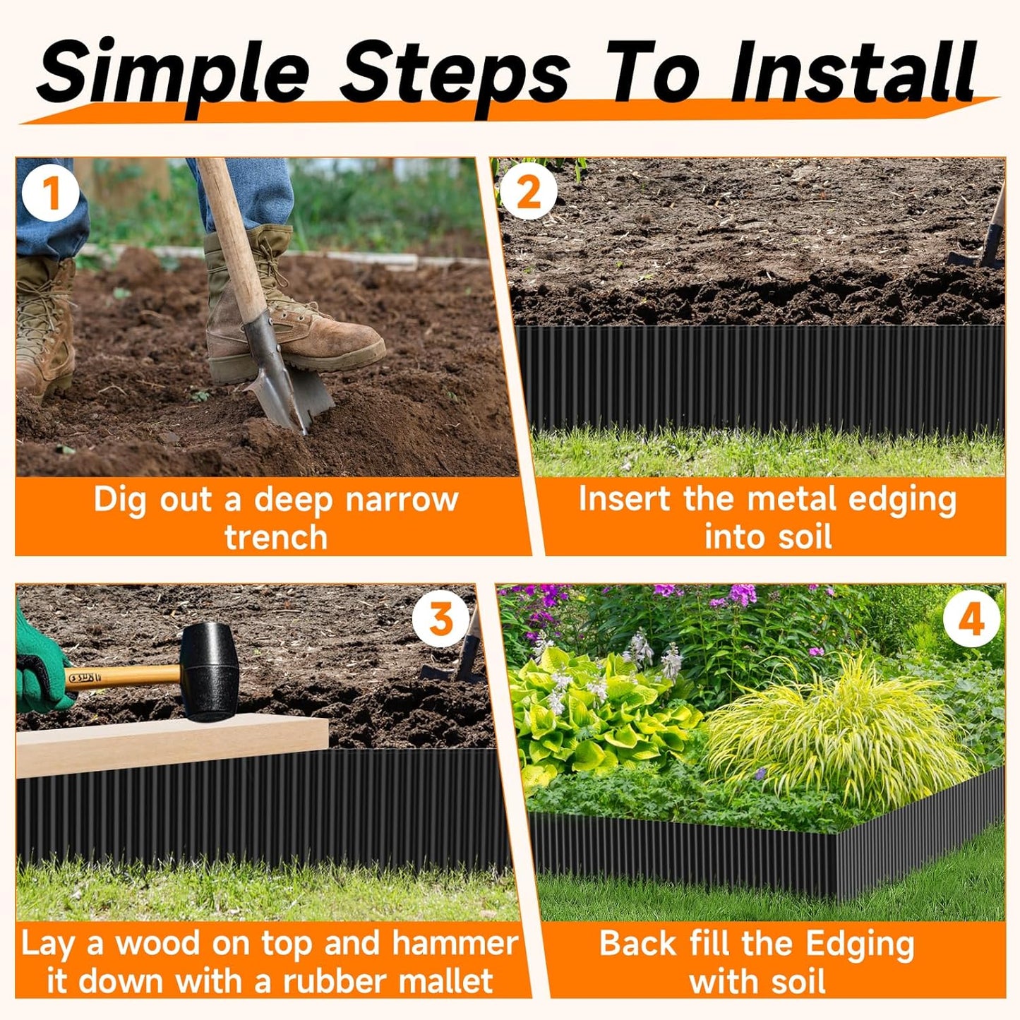 Corrugated Garden Edging, 12"×10Ft Galvanized Steel Landscape Edging & Lawn Edging Border, Metal Garden Border for Flower Beds, Garden，Lawn，Raised Beds & Tree Surrounds (Black)