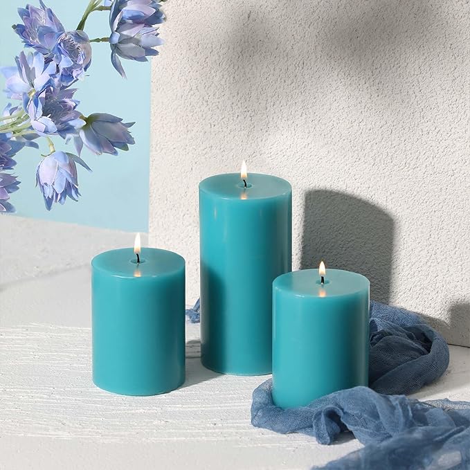 3x6 Inch Blue Pillar Candles Set of 3 - Unscented Pillar Candles, Long Burning Dripless Candles for Spring Home Table Decor, Smokeless Large Pillar Candle for Wedding, Dinner, Christmas, Rustic Decor