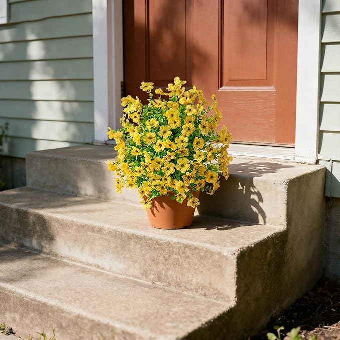 2Pcs 21" Artificial Boxwood Topiary Ball with Flowers Plants with Ground Spikes for Outdoor UV Resistant Realistic Fake Bushes Plants for Garden Yard Front Porch Patio Decor (Violet Yellow)