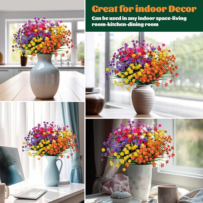 Lnoicy 10pcs Artificial Flowers for Outdoor,Plastic Flowers Decoration, UV Resistant Faux Flowers Shrubs, Artificial Plants for Indoor Outside Garden Home Wedding Farmhouse(7 Colors)