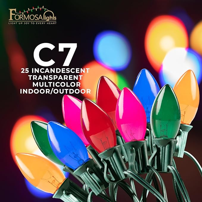 C7 26ft Indoor/Outdoor Transparent Multicolor Incandescent Christmas String Lights with 25 Bulbs | 120V, 5W
