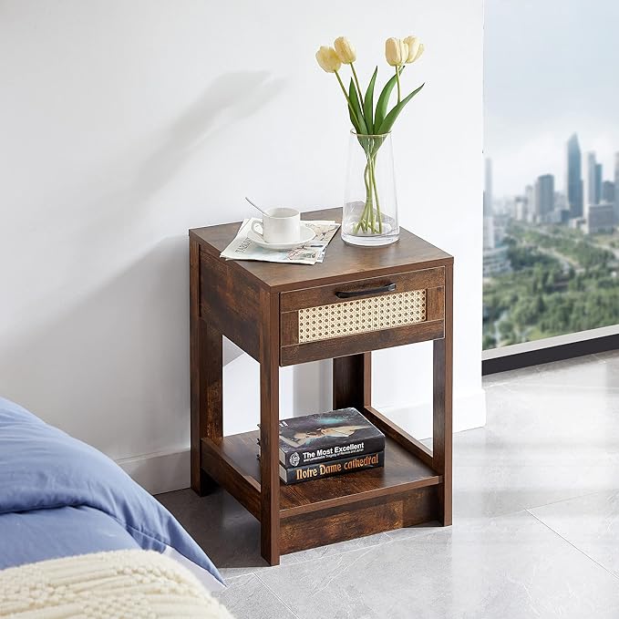 Rattan Nightstand - Wooden Boho End Table with Storage Drawer and Opening Shelf, Bedside Tables Bed Side Table Accent Table for Living Room, Bedroom Small Space