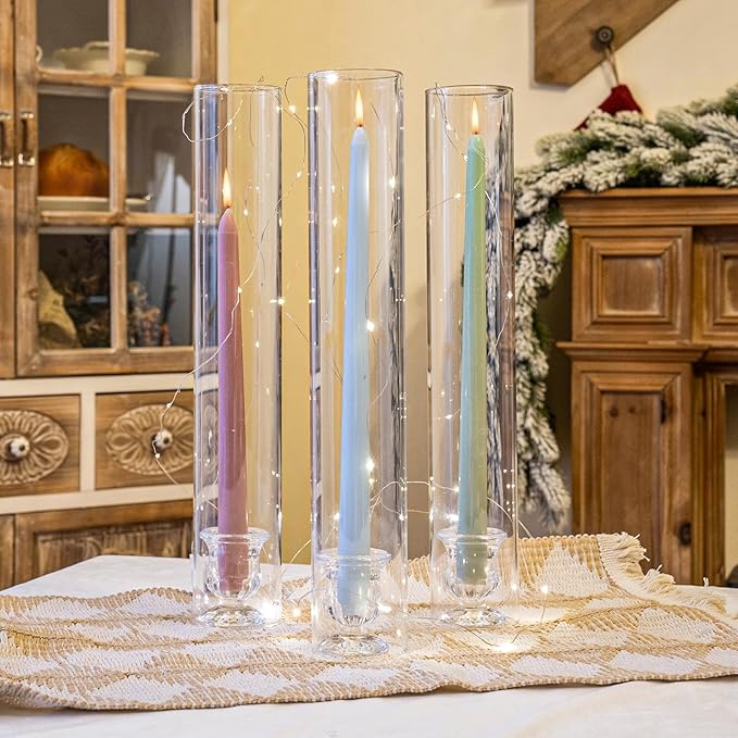CHILL RECIPE Glass Hurricane Candlestick Holders Clear 12" Tall Cylinder Candleholder Chimney Tube, Floral Taper Crystal Candle Stick Holder for Birthday Wedding Christmas Home Decor(1 Set 6Pcs)