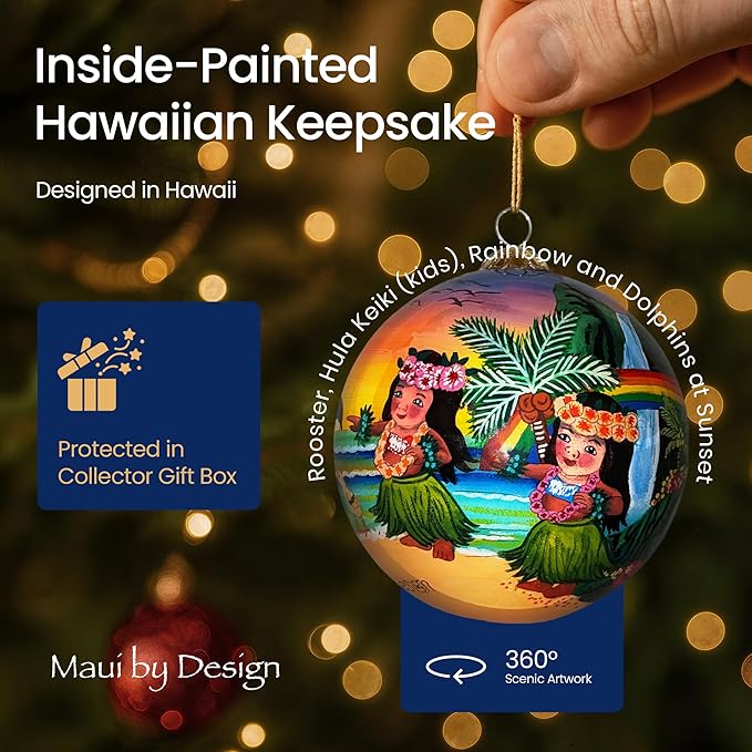 Collectible Hawaiian Keiki, Chicks and Rooster Glass Ornament Hand-Painted with Gift Box CKR/H