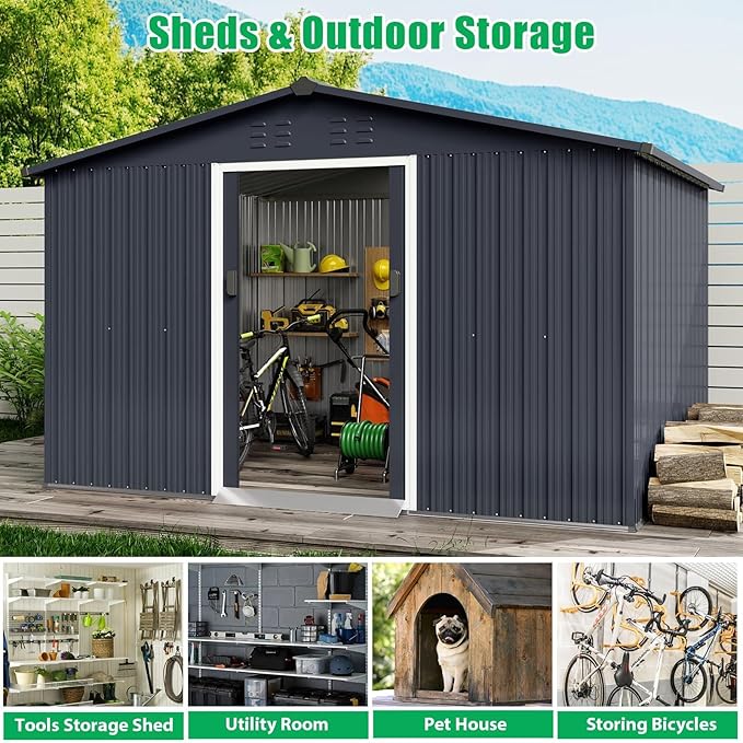 10X10 Ft Outdoor Metal Storage Shed with Roof, Weatherproof Steel Tool Shed with Lockable Door for Lawn Mower, Bike & Garden Equipment Storage