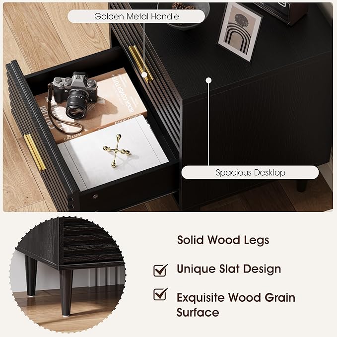 Alohappy Fluted Nightstands Set of 2, Mid Century Bedside Table for Bedroom, End Table with 2 Drawers, Modern Bed Side Table with Storage Vintage Wood Accent Table for Living Room, Black 2pcs