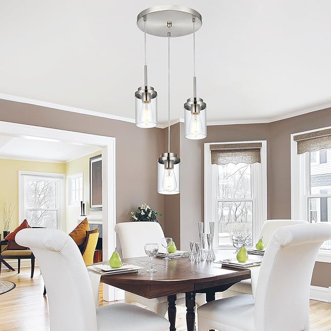 MELUCEE 3-Light Hanging Chandelier Light for Dining Room in Brushed Nickel, Modern Kitchen Island Pendant Lighting Adjustable Hanging Ceiling Lamp with Clear Glass Shade