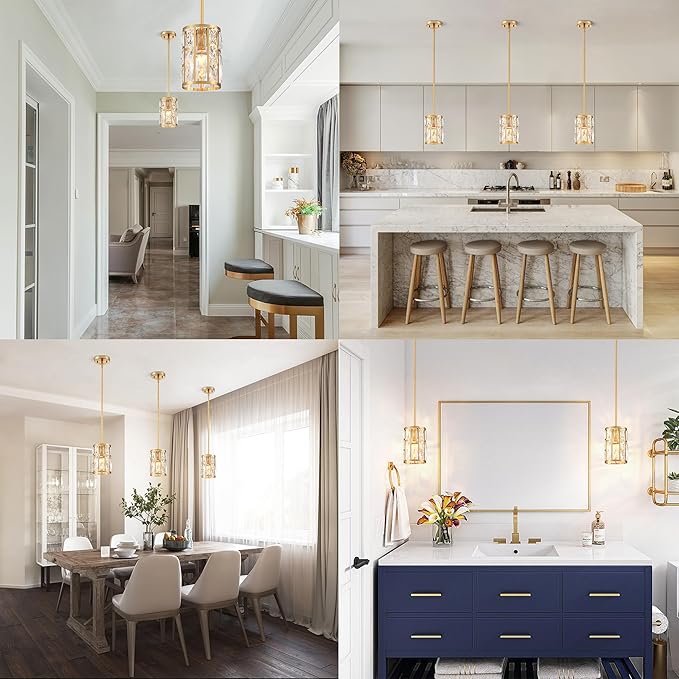 MEXO Modern Crystal Pendant Light Fixture 3-Pack Gold Finish Hanging Lighting Crystal Chandelier for Kitchen Island