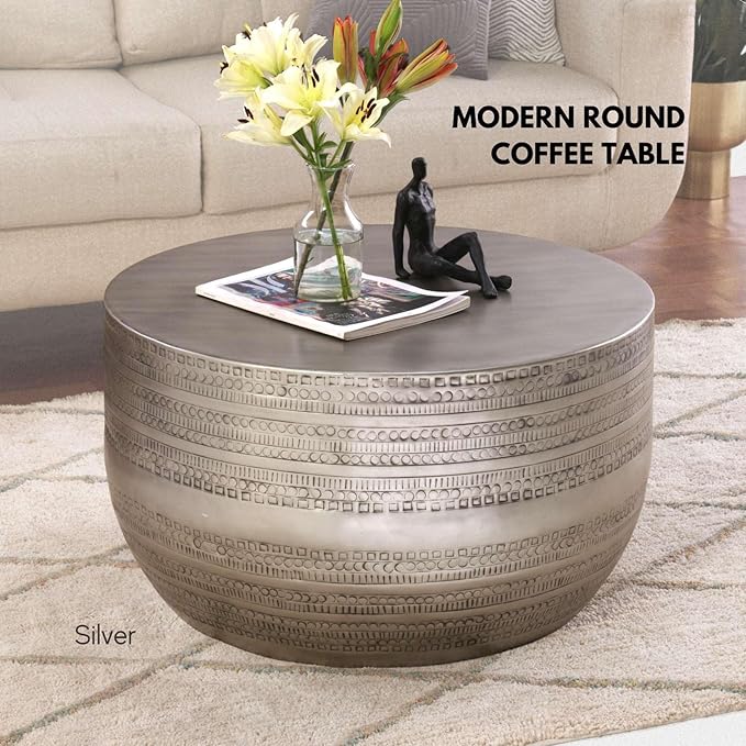 Modern Round Aluminum Hammered Embossed Texturing Metal Drum Coffee Table, Hand-Stamped Iron, Boho Accent Cylinder Drum Coffee Table, Cocktail Table, for The Living Room and Bedroom, Silver