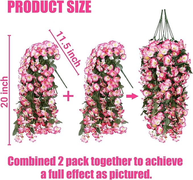 Sggvecsy Artificial Fake Hanging Flowers Plants for Outdoor Outside Spring Summer Decoration 4PCS Faux Silk UV Resistant Realistic Morning Glory Trailing Vines for Home Porch Patio Balcony(Pink)