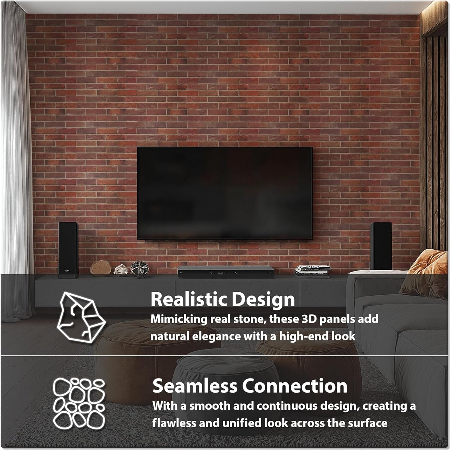 CONCORD WALLCOVERINGS ™ 3D Red Faux Brick Wall Panels - Pack of 20, Lightweight 17.5" x 24" (44.5 cm x 61 cm) PVC Sheets, Decorative Stone Tiles for Living Room, Kitchen - Covers 58.33 Sq Ft