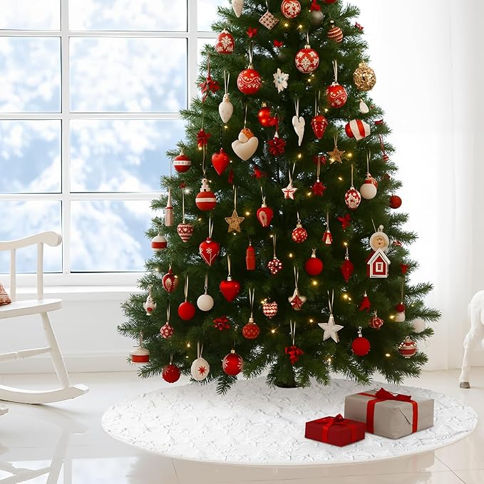Civaner 48 Inch White Christmas Tree Skirt Faux Fur with Cable Knit Vintage for 7.5 ft Christmas Trees Decoration Thick Plush Skirt Decorations for Xmas Holiday
