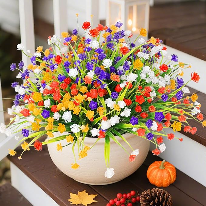 TURNMEON 20 Bundles Artificial Flowers for Outdoors Fake Plants Spring Decor, UV Resistant Artificial Plants Cemetery Fake Flowers Faux Plastic Greenery Shrub Porch Patio Summer Decorations 580 Head