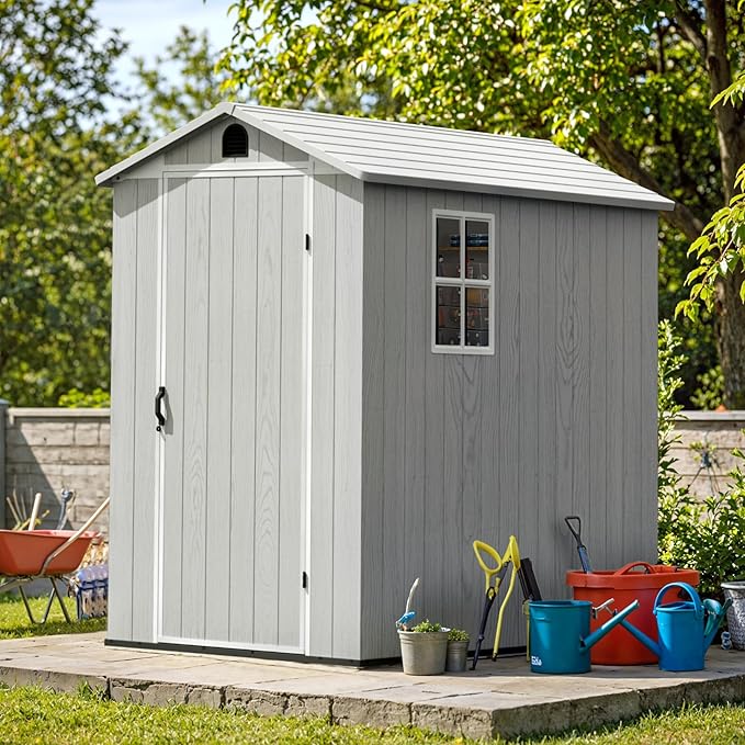 Greesum 4x6FT Plastic Storage Shed with Floor, Resin Outdoor Storaged Sheds with Lockable Door, All Weather Durable Tool Shed with Window and Vent, for Garden, Backyard, Patio, Light Gray