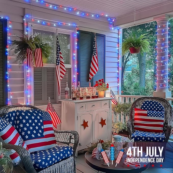 JMEXSUSS 2 Pack 100 LED Red White and Blue Lights, 33ft Connectable 4th of July Lights Outdoor, 8 Modes Patriotic String Lights Indoor for Independence Day 4th of July Memorial Day Holiday Decor