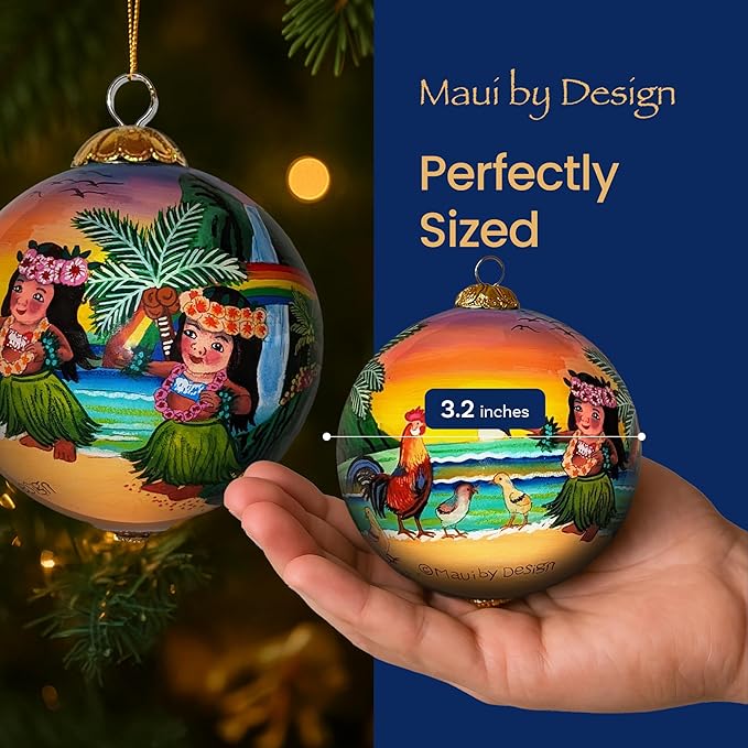 Collectible Hawaiian Keiki, Chicks and Rooster Glass Ornament Hand-Painted with Gift Box CKR/H