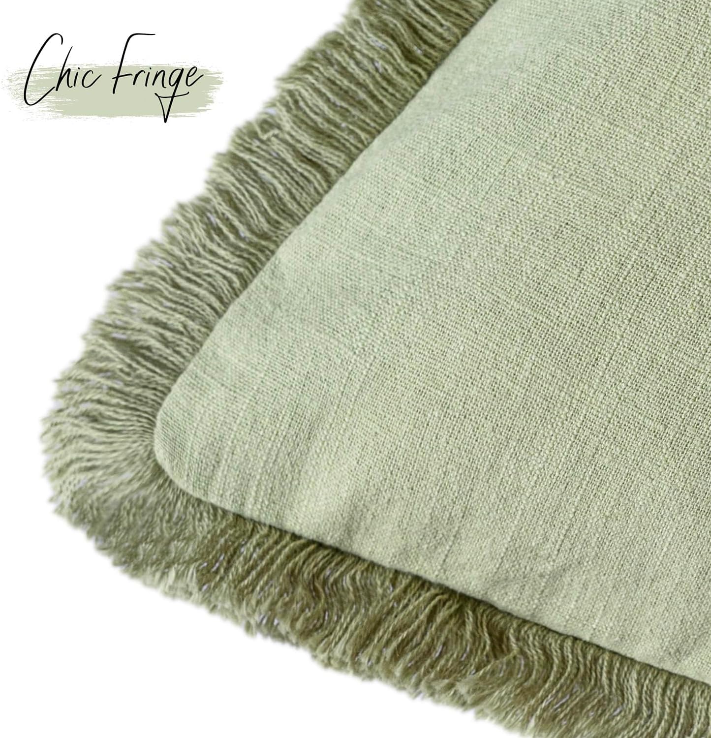 Foindtower Set of 2 Decorative Linen Fringe Throw Pillow Covers Boho Farmhouse Cushion Cover with Tassels Soft Accent Pillowcase for Couch Sofa Bed Living Room Home Decor,16×16 Inch,Light Sage Green