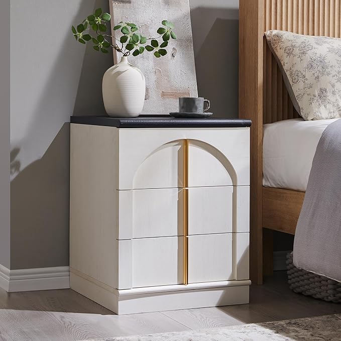 ACCOHOHO Modern Night Stand Set 2 with Arched Panel, 18" Nightstand with Charging Station, Side Table with 3 Storage Drawers, Wood Square Bedside End Table for Bedroom Living Room, White
