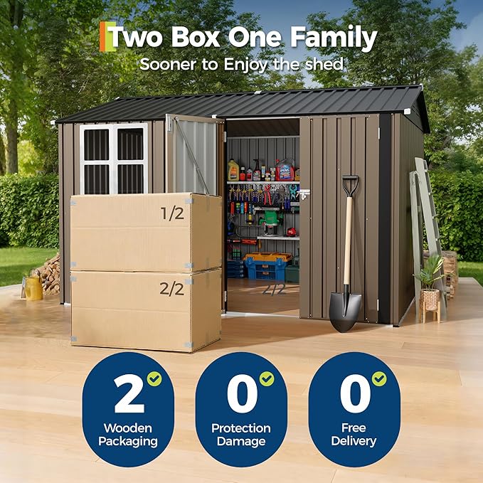 8x10 FT Outdoor Storage Shed,Metal Tool Shed with Clear Window, Lockable Doors,Large Garden Storage Box with Sloping Roof，Sheds&Outdoor Storage for Backyard Garden Patio Lawn, Brown