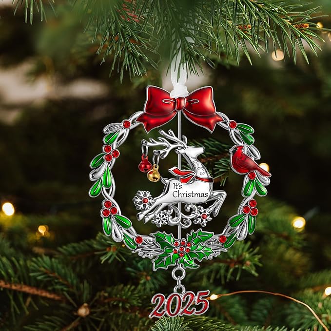 Christmas Tree Ornament Metal Silver Hanging Rotatable Design Charm Holiday Decorative Pendant Gift Keepsake (2025 Deer)