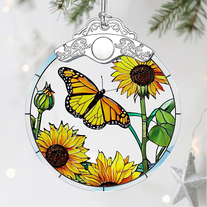Butterfly & Sunflower Stained Glass Ornament, Christmas Ornaments, Christmas Tree Decorations, Holiday Decor, Holiday Present, Butterfly Themed Gifts, Gift Ideas & Xmas Gifts