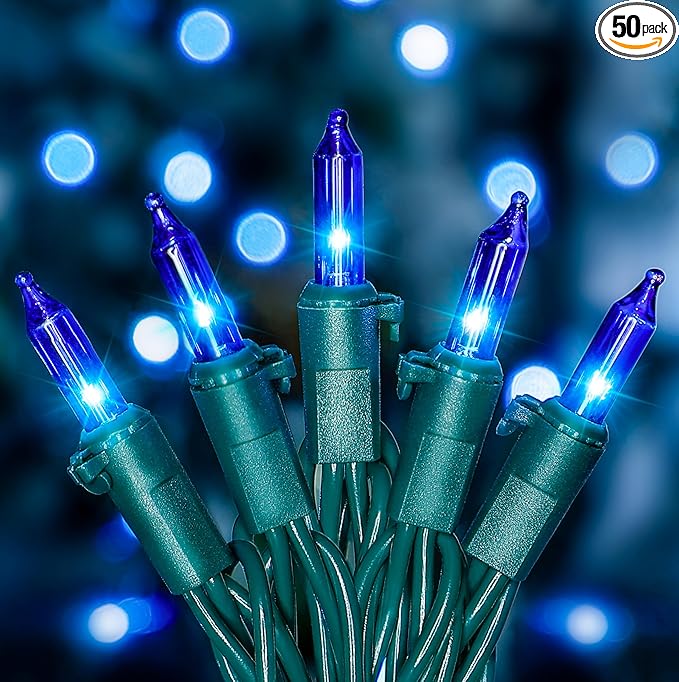 HEYFUNi 50Count Blue Christmas Lights, Green Wire 13Ft Incandescent Traditional Holiday String Light Set for Indoor Outdoor Use Christmas Tree, Halloween, Valentine Wedding Lighting Decoration