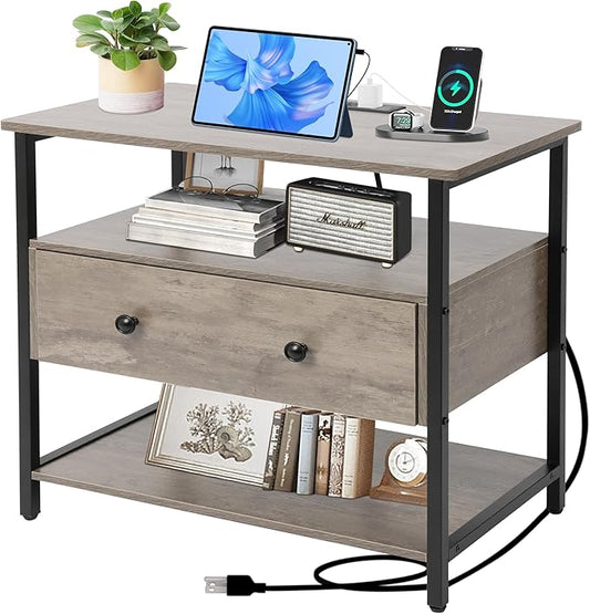 27 Inch Wide Night Stand with Charging Station, Wood Nightstand with Open Shelf, Large Drawer Bedside Table for Living Room/Bedroom/Office (Rustic Gray)
