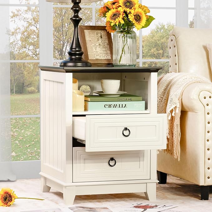 Farmhouse Nightstand, 24" Wooden Couch Side Table with 2 Drawers & Open Shelf, Rustic End Table for Bedroom & Living Room, Bedside Space-Saving Accent Storage Cabinet (White)