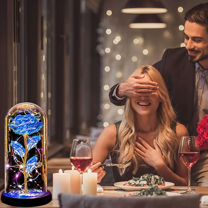 Christmas Rose Gifts for Women Mom, Womens Gifts for Christmas, Glass Flower Gifts for Sister, Rose Enchanted Crystal Flower Gift Light Up in Glass Dome,Birthday Gift for Women Wife Blue