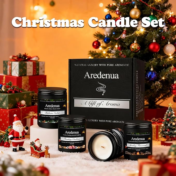 Christmas Candles Set | 4 Pack Christmas Scented Candles - 7oz Soy Candle for Home, Holiday Scented of Balsam Cedar, Frosting Cookies, Cinnamon & Cloves, Smokey Wood - Winter Gifts for Women Men