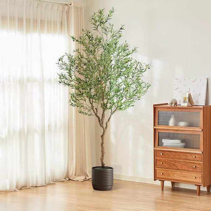 7ft Artificial Olive Tree Potted, Faux Indoor Plants with Natural Wood Trunk & Lifelike Fruits, Realistic Tall Fake Tree for Home Office Decor, Housewarming Gifts