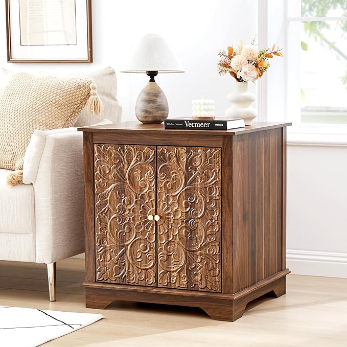 Farmhouse End Table with Carved Floral Door, 24" Wide Nightstand with Adjustable Shelf, Wooden Square Sofa Side Table Storage Table for Living Room Bedroom (Walnut)