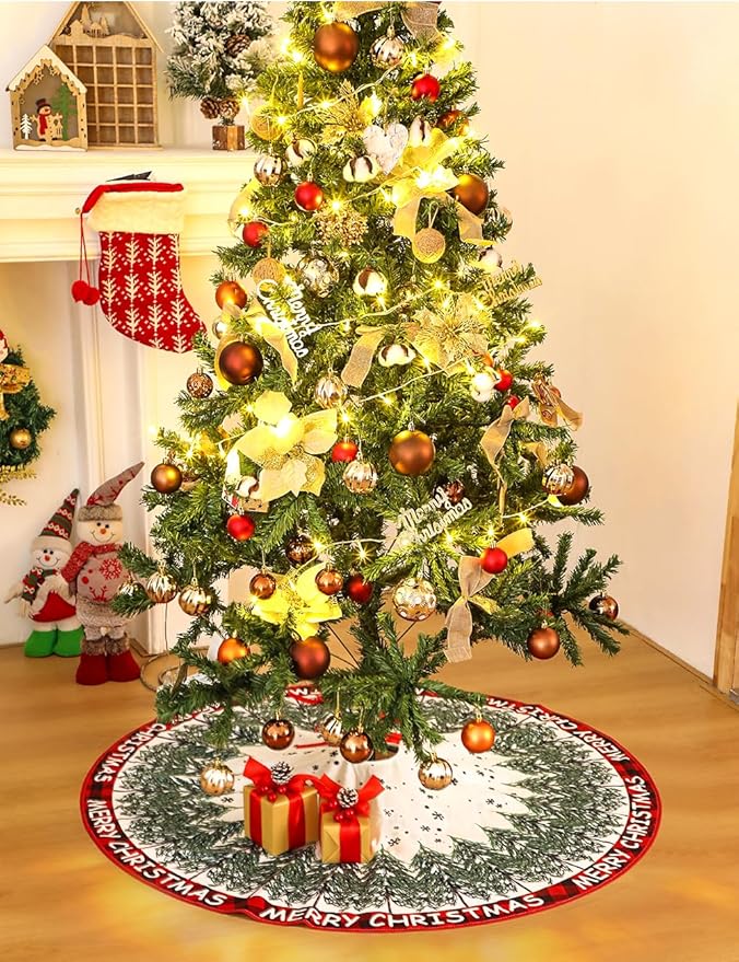 Christmas Tree Skirt 48 Inch, Merry Christmas Snowflake Design, Thick Flannel Fabric, Winter Holiday Tree Mat Decoration