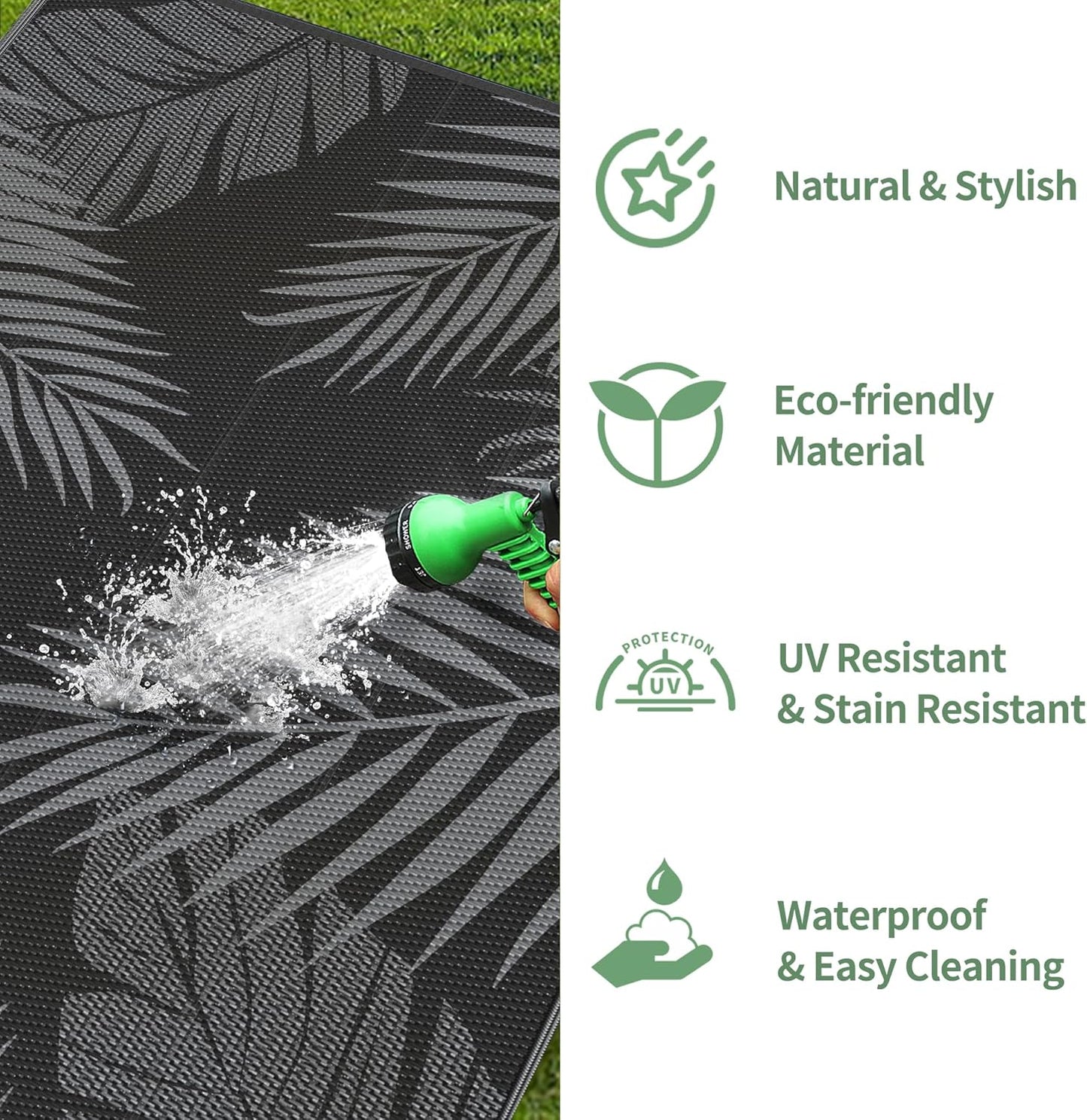 GENIMO Outdoor Rug 6' x 9' Waterproof for Patios Clearance, Reversible Outdoor Plastic Straw Camping Rug Carpet, Large Area Rugs Mats for RV, Camper, Deck, Balcony, Porch, Beach, Picnic, Black&Grey