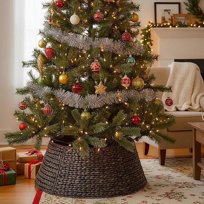 CLAYNIX Tree Collar - Large to Small Christmas Tree, 28" Christmas Tree Ring Adjustable Water Hyacinth Skirt, Christmas Tree Skirt for Decoration, Base Protection from Pets (Black)