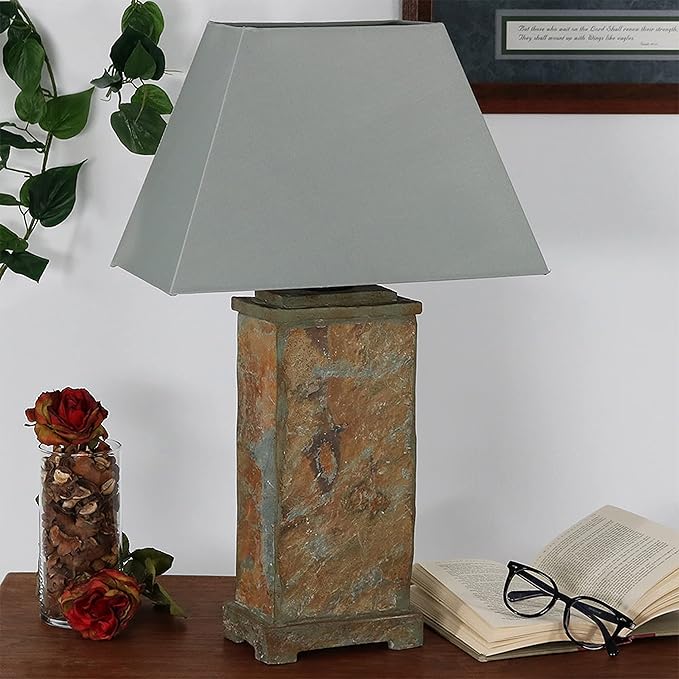 Sunnydaze 24" Outdoor Table Lamp - Weather-Resistant Natural Slate Light for Indoor or Outdoor Use - Gray Cotton Lampshade - Stone