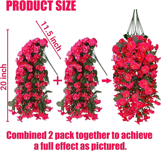 Sggvecsy Artificial Fake Hanging Flowers Plants for Outdoor Outside Spring Summer Decoration 2PCS Faux Silk UV Resistant Realistic Morning Glory Trailing Vines for Home Porch Patio Balcony(Rose red)