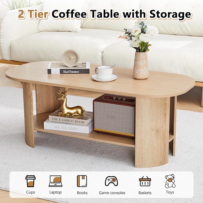 43.3” Oval Coffee Table for Living Room, Wood Farmhouse Coffee Tables with Storage, 2-Tier Center Table with Storage Shelf Low Tea Table for Small Space, Home, Office, Easy Assembly (Natural)