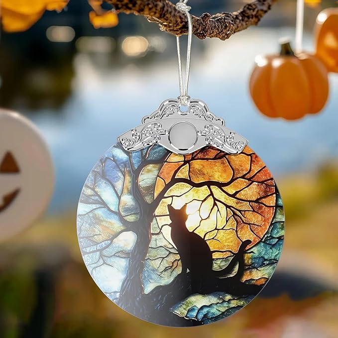 2025 Ornaments for Christmas Tree, Zmoicky Stained Glass Hanging Ornament, Christmas Ornaments Clearance, Gift Exchange Ornament, Bauble Present - Cat Under Moonlight