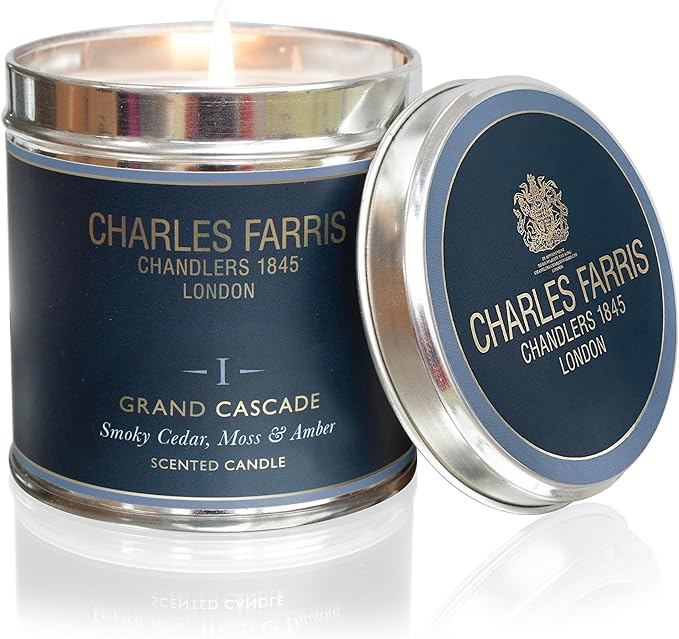 Charles Farris Luxury Scented Candle – Tin, Hand-Poured, Long Lasting, Clean Burning, 300g / 10.5oz, Burns for up to 40 Hours, Made in England – Smokey Cedar, Moss & Amber – Grand Cascade