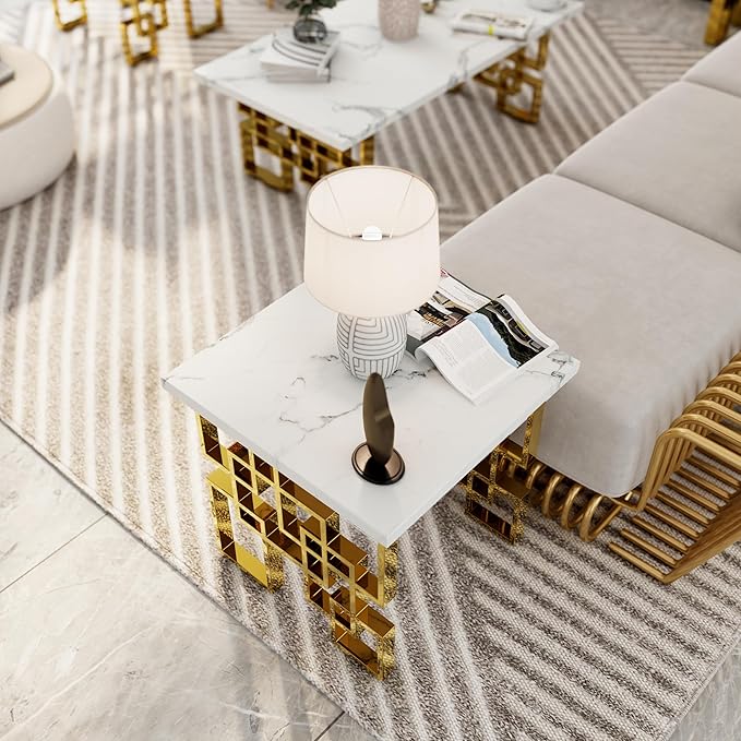 AUZ Gold End Table Set - Luxury Square Living Room White & Gold Side Table with Mirrored Geometric Base