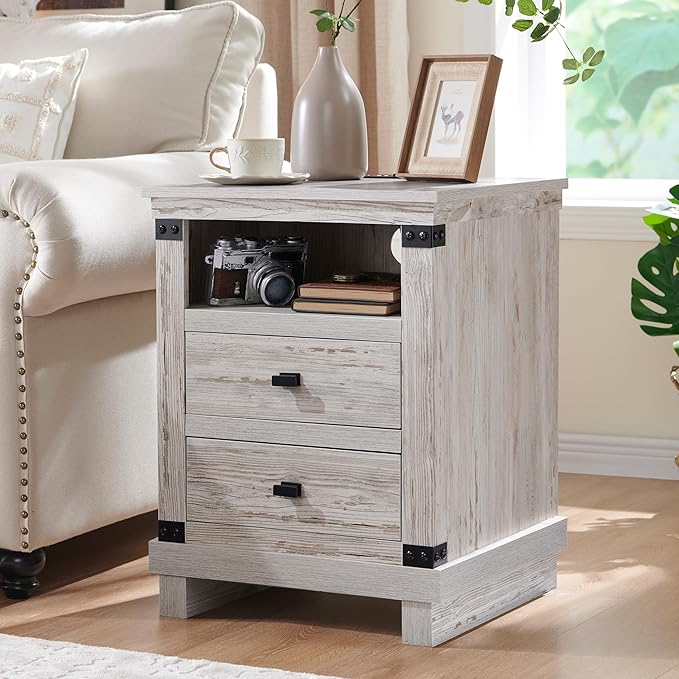 RedLemon Farmhouse Nightstand with Charging Station, 18" Rustic Night Stand with 2 Storage Drawers, Wood End Table for Bedroom, Living Room, Antique Brush White
