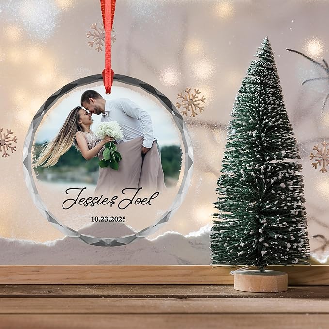 Custom Couple Photo Ornament – Personalized Names & Date Keepsake – Acrylic or Glass Wedding Ornament – Engagement