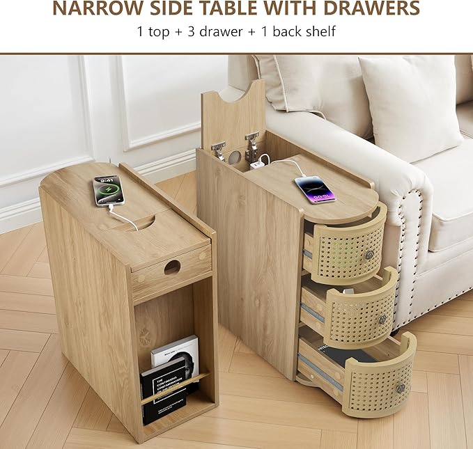 Metal Rattan Narrow End Table with Charging Station Set of 2, Boho Side Table with Drawers Storage, Small Night Stand with Power Outlets and USB Ports, Sofa Side Table for Living Room - Natural